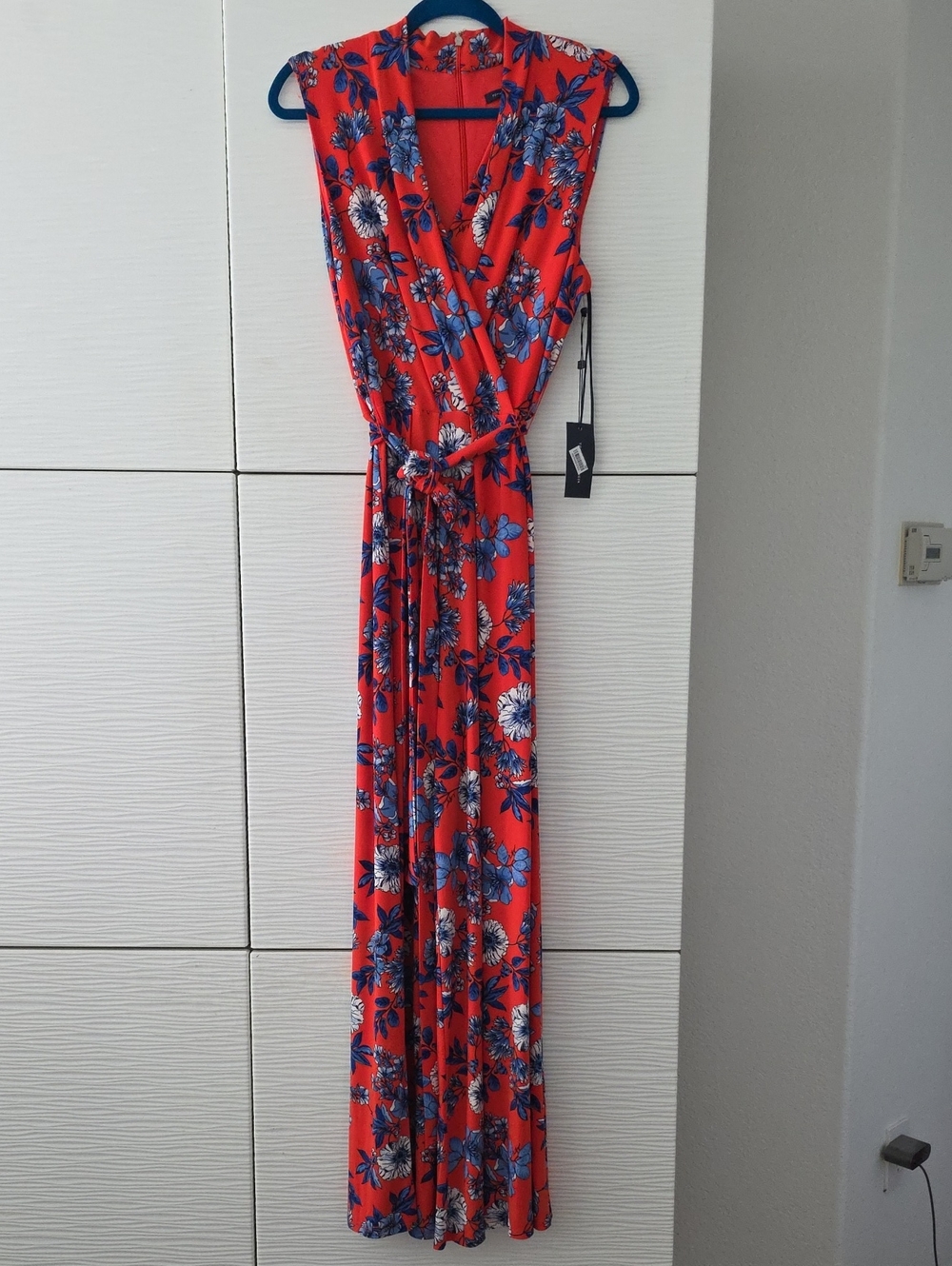 Tommy Hilfiger Red Floral Wrap Jumpsuit with Blue & White Blooms